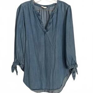 Ann Taylor LOFT Chambray Tunic Top Women’s Small Blue Lyocell 3/4 Sleeve V-Neck